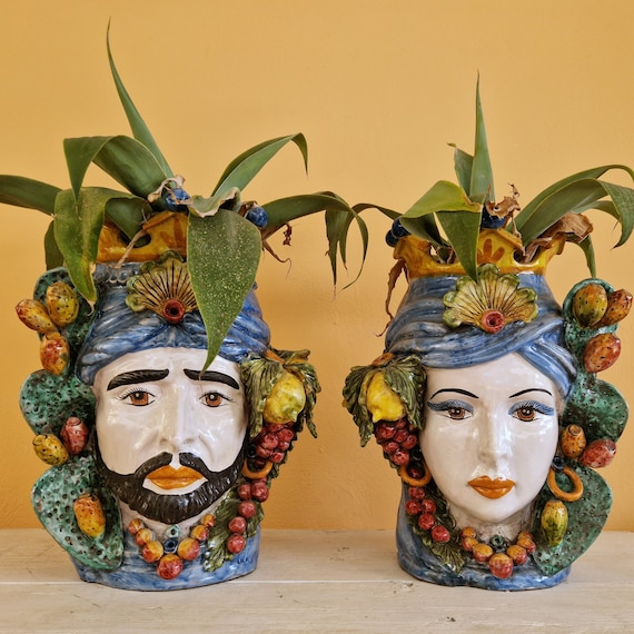 giant Moor heads 55 cm in Sicilian Caltagirone ceramic, Caltagirone heads, Moor heads, ceramic heads, vases, plant holders
