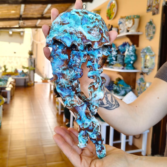 Sicilian handcrafted ceramic jellyfish, unique pieces, Sicilian ceramics, ceramic jellyfish, Caltagirone ceramics, design, handmade
