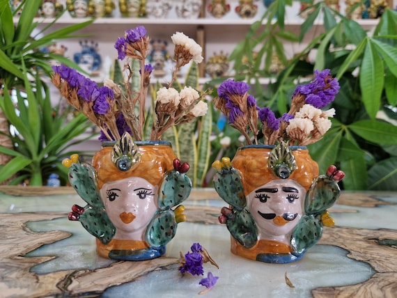 Moor's heads miniature, egg cup, toothpick holder Caltagirone ceramic, Sicilian ceramic, Design, wedding favors, handmade