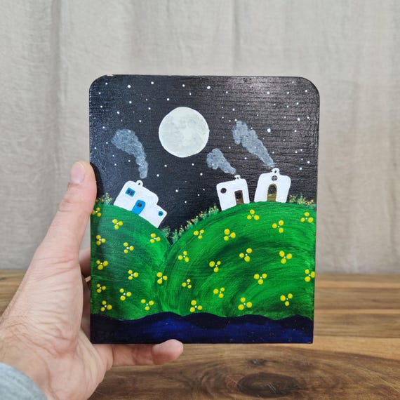 Hand painted wooden picture, landscape picture, wooden decoration, handmade