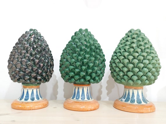 large pine cones in handmade Caltagirone green ceramics, unique pieces, outdoor and indoor home furniture, design, handmade, lucky charms