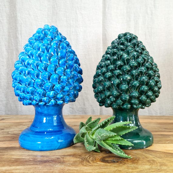 H30 pine cones in Sicilian artisan ceramic, unique pieces, interior and exterior home decor, design, handmade, lucky charm.