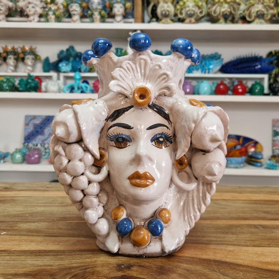 Moor's heads h25 double-faced, vases, Caltagirone ceramics, Sicilian heads, Sicilian Moors, Sicilian craftsmanship, faces