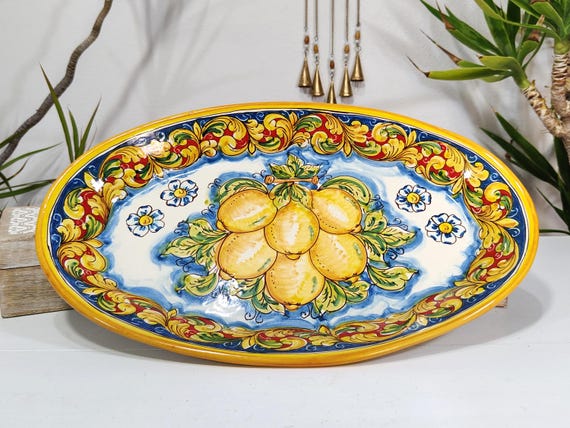 50 cm large oval plate in Sicilian artisan ceramic from S. Stefano di Camastra, antique plate, cup, tray