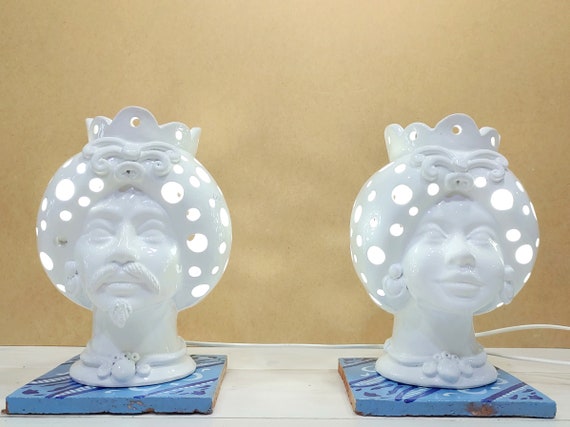 Perforated lamp moor heads, living room light, handmade, Caltagirone ceramics, Sicilian handcrafted pottery, white heads