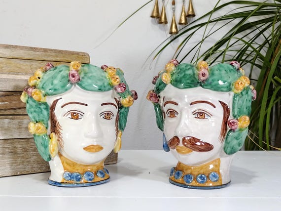Sicilian handcrafted Moorish heads H16 cm, vases, Caltagirone ceramics, home decoration, Sicilian craftsmanship, faces, vases