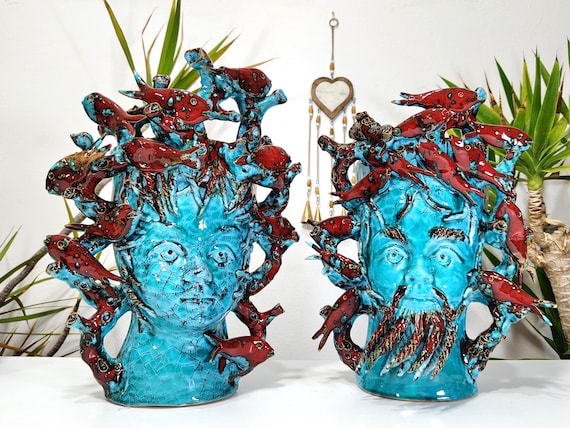 Sicilian handcrafted ceramic Moorish heads with corals, vases, design, ceramic heads, vases, plant holders, multi-colored heads