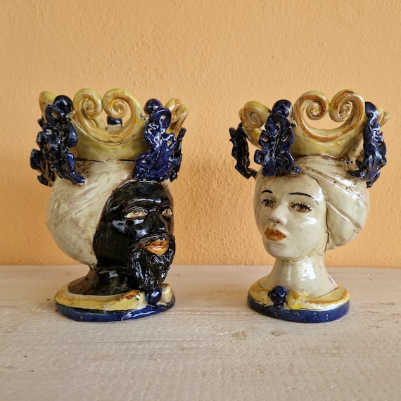 handcrafted Sicilian dark brown heads h20, vases, Caltagirone ceramics, Design, home decoration, Sicilian craftsmanship, faces, vases.