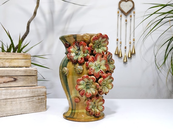 Caltagirone handcrafted ceramic floral vase, centerpiece, handcrafted ceramic, artistic ceramic
