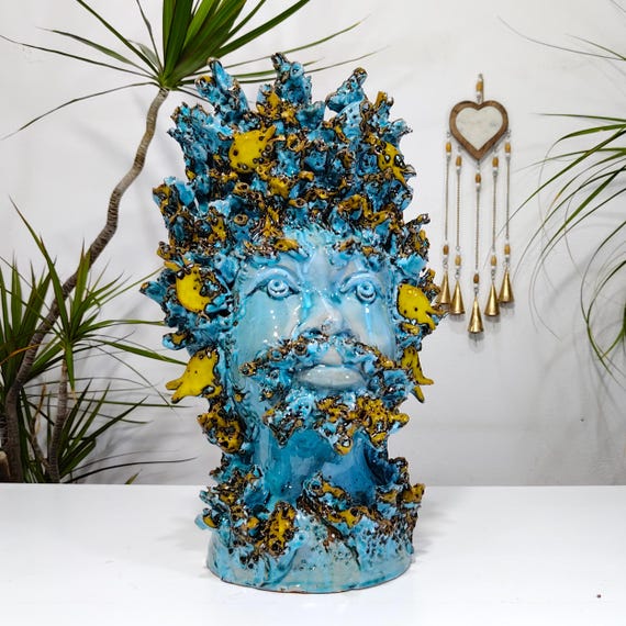 Sicilian ceramic Moor's head, handcrafted, vases, design, Moor's heads, ceramic heads, vases, plant holders, multi-colored heads.
