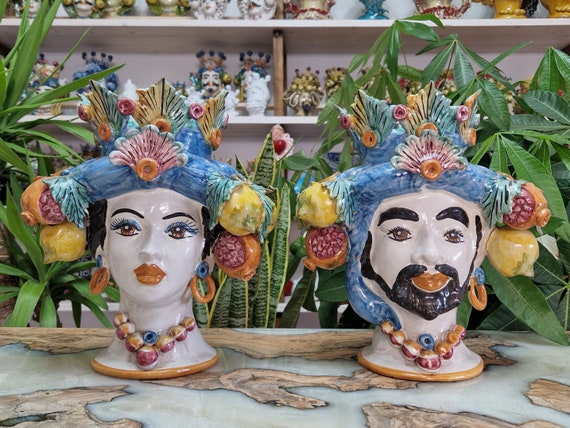 handcrafted Sicilian dark brown heads H33, vases, Caltagirone ceramics, Design, home decoration, Sicilian craftsmanship, faces, faces, vases