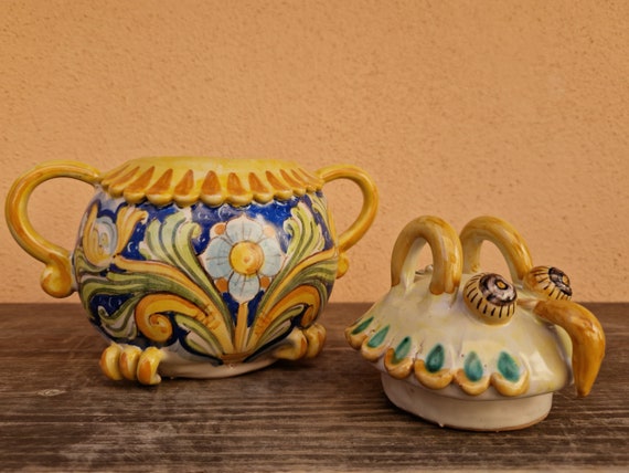 Civetta - owl container in caltagirone handmade ceramic, handmade, unique piece, design, handcrafted, Sicilian ceramics