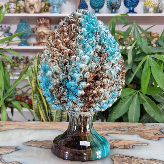 H35 pine cone in Sicilian handcrafted ceramic, unique pieces, interior and exterior home decor, design, handmade, lucky charm