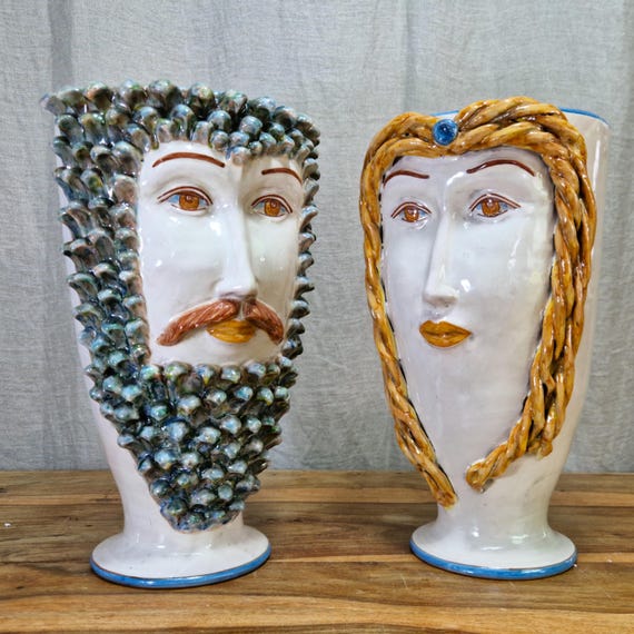 Sicilian Moorish heads, vases, Caltagirone ceramics, Design, home decoration, Sicilian craftsmanship, faces, visages, vases