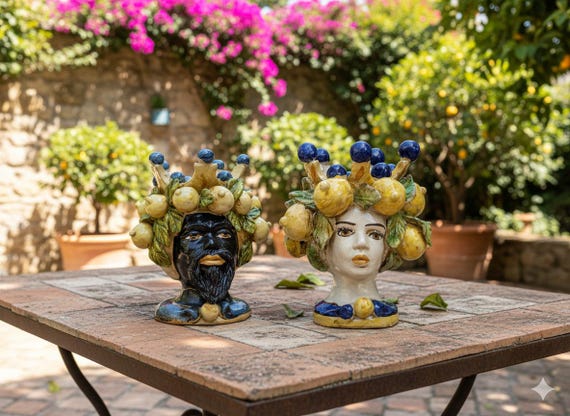 Sicilian handcrafted h20 Moor's heads, vases, Caltagirone ceramics, Design, home decoration, Sicilian craftsmanship, faces, vases.