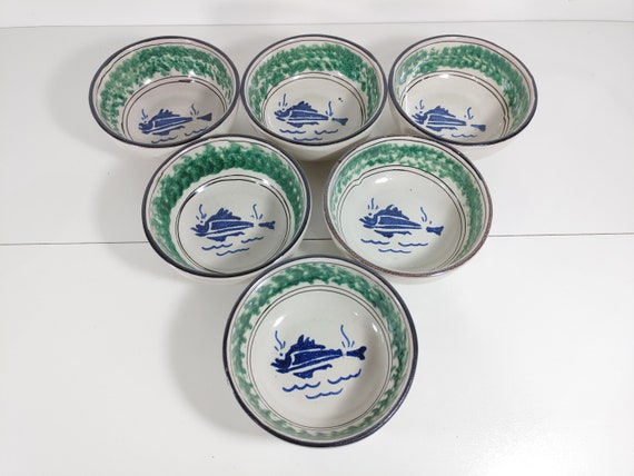 Set of 6 12cm bowls in handmade Sicilian Caltagirone ceramic, reproduction of ancient decoration, antique bowls, classic plates