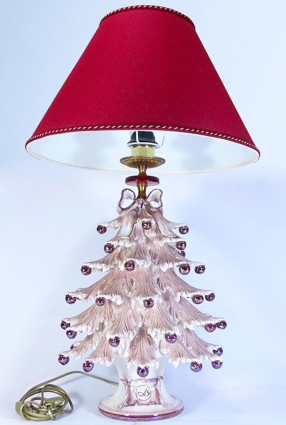 christmas tree lamp with lampshade, christmas, ceramic Caltagirone, handmade, unique piece, mother of pearl, lighting, design, handcrafted