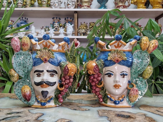 Sicilian handcrafted Moorish heads, vases, Caltagirone ceramics, Design, home decoration, Sicilian craftsmanship, faces, vases, caspò