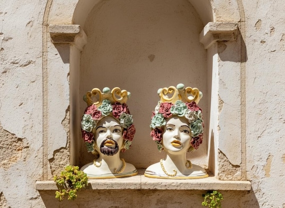 Sicilian Moorish heads, vases, Caltagirone ceramics, Sicilian craftsmanship, face, face, vases