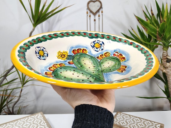 35 cm oval plate in Sicilian artisan ceramic from S. Stefano di Camastra, antique plate, cup, tray