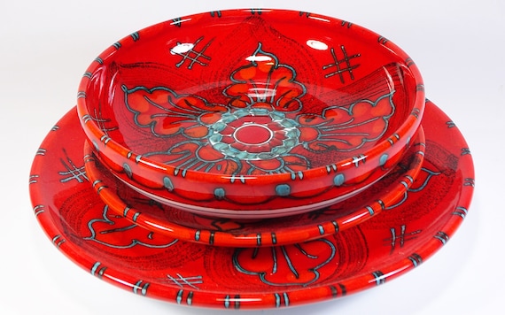 Set of plates 18 pieces in Sicilian Aeolian ceramic name decoration Floral Red, handmade, for the table, colored, hand painted