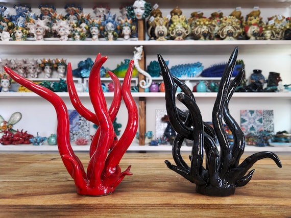 Sea anemone 21 cm of Sicilian handmade ceramic, anemone, ring holder, table decoration, home design