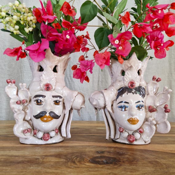Sicilian handcrafted Moor's heads H22cm, vases, Caltagirone ceramics, home decoration, Sicilian craftsmanship, faces, vases