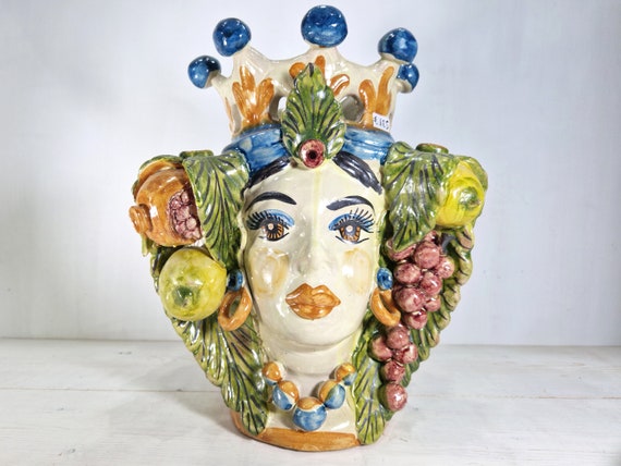 dark brown heads h25 double-sided, vases, Caltagirone ceramics, Sicilian heads, Sicilian Moors, Sicilian crafts, faces