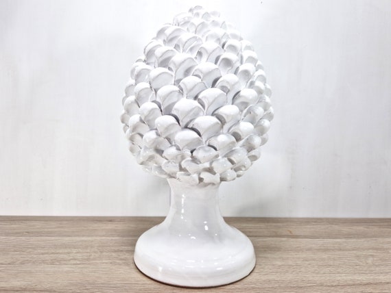 White pinecone H35 in Sicilian handmade ceramic, unique pieces, outdoor and indoor home furniture, design, handmade, lucky charm