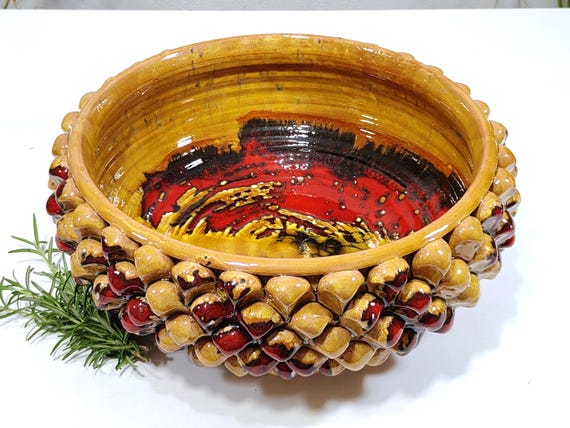 36cm Half Pine Cone Bowl Centerpiece, Sicilian Caltagirone Ceramic, Artisan, Made Entirely by Hand