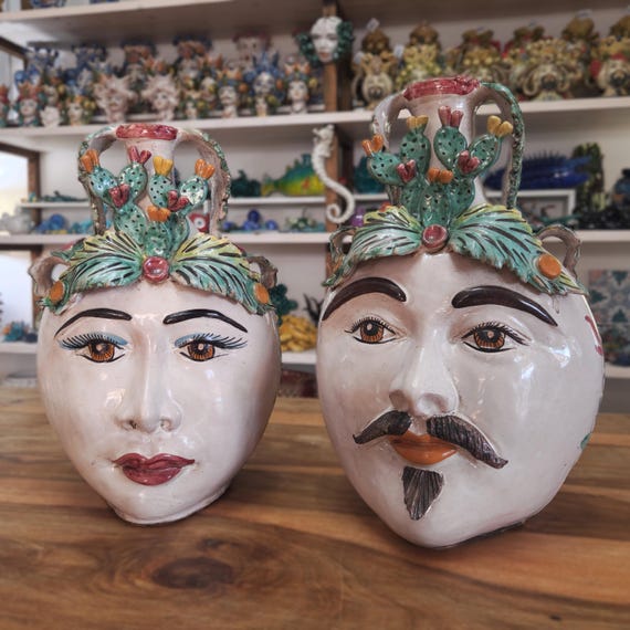 Anthropomorphic flasks, flasks, Moor's heads, anthropomorphic, sculptures, furniture, Sicilian craftsmanship, Sicilian ceramics