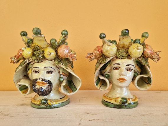 handcrafted Sicilian dark brown heads h20, vases, Caltagirone ceramics, Design, home decoration, Sicilian craftsmanship, faces, vases.