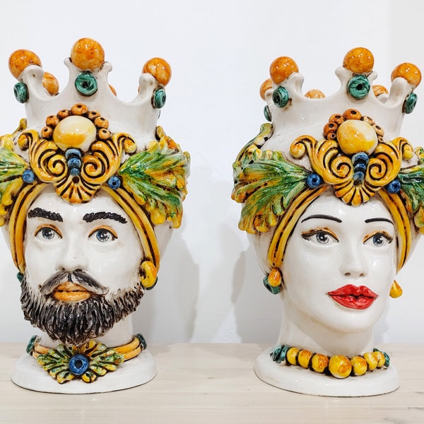 têtes mauresques siciliennes artisanales, vases, céramiques de Caltagirone, Design, décoration de la maison, artisanat sicilien, visages, visages, vases