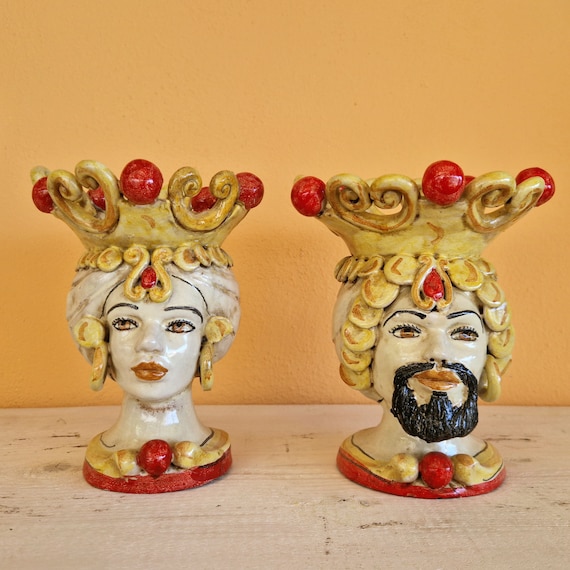 Sicilian handcrafted h20 Moor's heads, vases, Caltagirone ceramics, Design, home decoration, Sicilian craftsmanship, faces, vases.