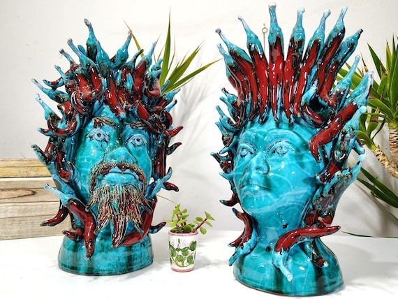 Moor's heads with Sicilian ceramic chili peppers, handcrafted vases, design, ceramic heads, vases, plant holders, multicolored heads