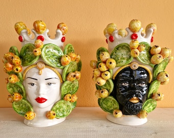 Sicilian handcrafted Moorish heads, vases, Caltagirone ceramics, design, home decoration, Sicilian craftsmanship, faces, vases