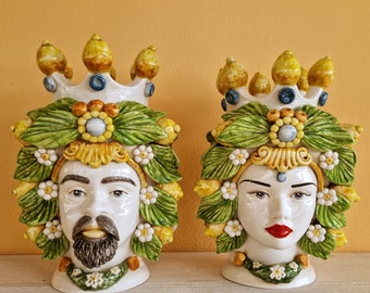 Sicilian Moorish heads handcrafted H34, vases, Caltagirone ceramics, Design, home decoration, , Sicilian craftsmanship, faces, visages, vases