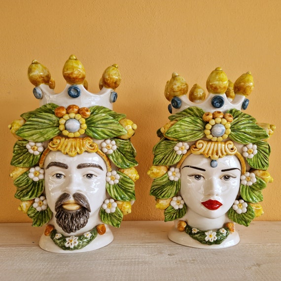 teste di moro siciliane artigianali H34, vasi, ceramica di Caltagirone, Design, decorazione casa, , artigianato siciliano, facce, visi, vasi