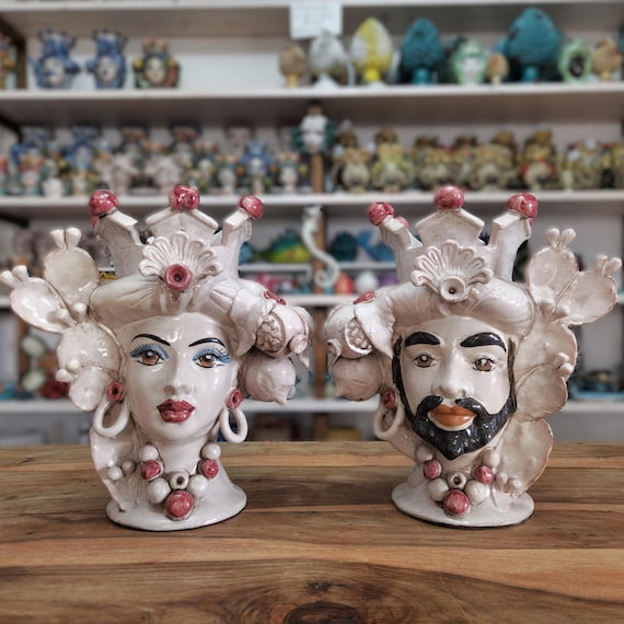 Sicilian Moorish heads handcrafted H33, vases, Caltagirone ceramics, Design, home decoration, , Sicilian craftsmanship, faces, visages, vases