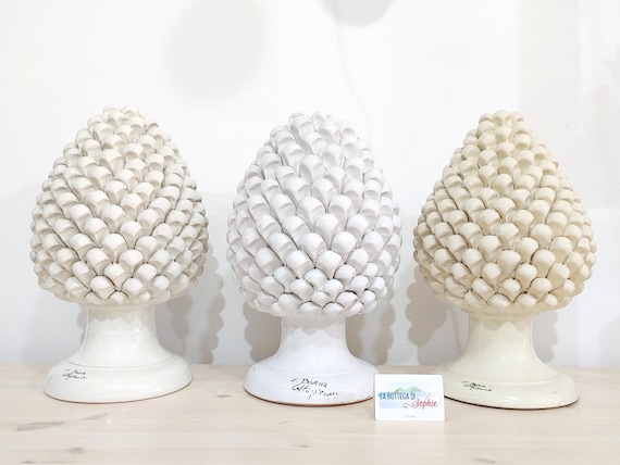 large pine cones in clear Caltagirone ceramic, unique pieces, interior and exterior home furnishings, design, handmade, ivory, white