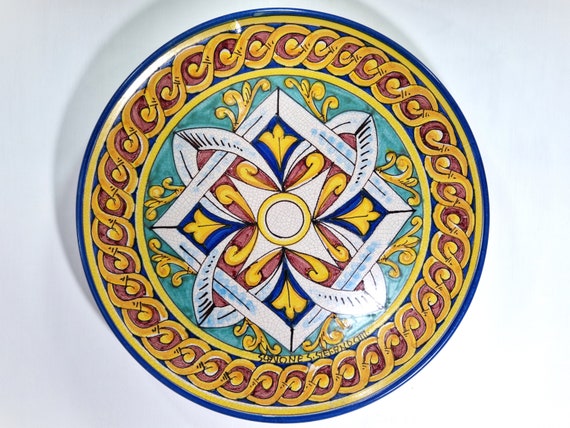 37 cm Sicilian ceramic plate, wall plate, flat plate, typical Sicilian dish, flat plate, serving plate