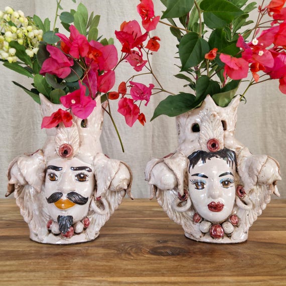 Sicilian handcrafted Moor's heads H22cm, vases, Caltagirone ceramics, home decoration, Sicilian craftsmanship, faces, vases