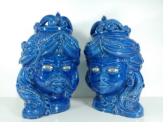 Sicilian dark brown heads handmade blue, vases, caltagirone ceramics, design, home decoration, Sicilian crafts, faces, vases, caspò