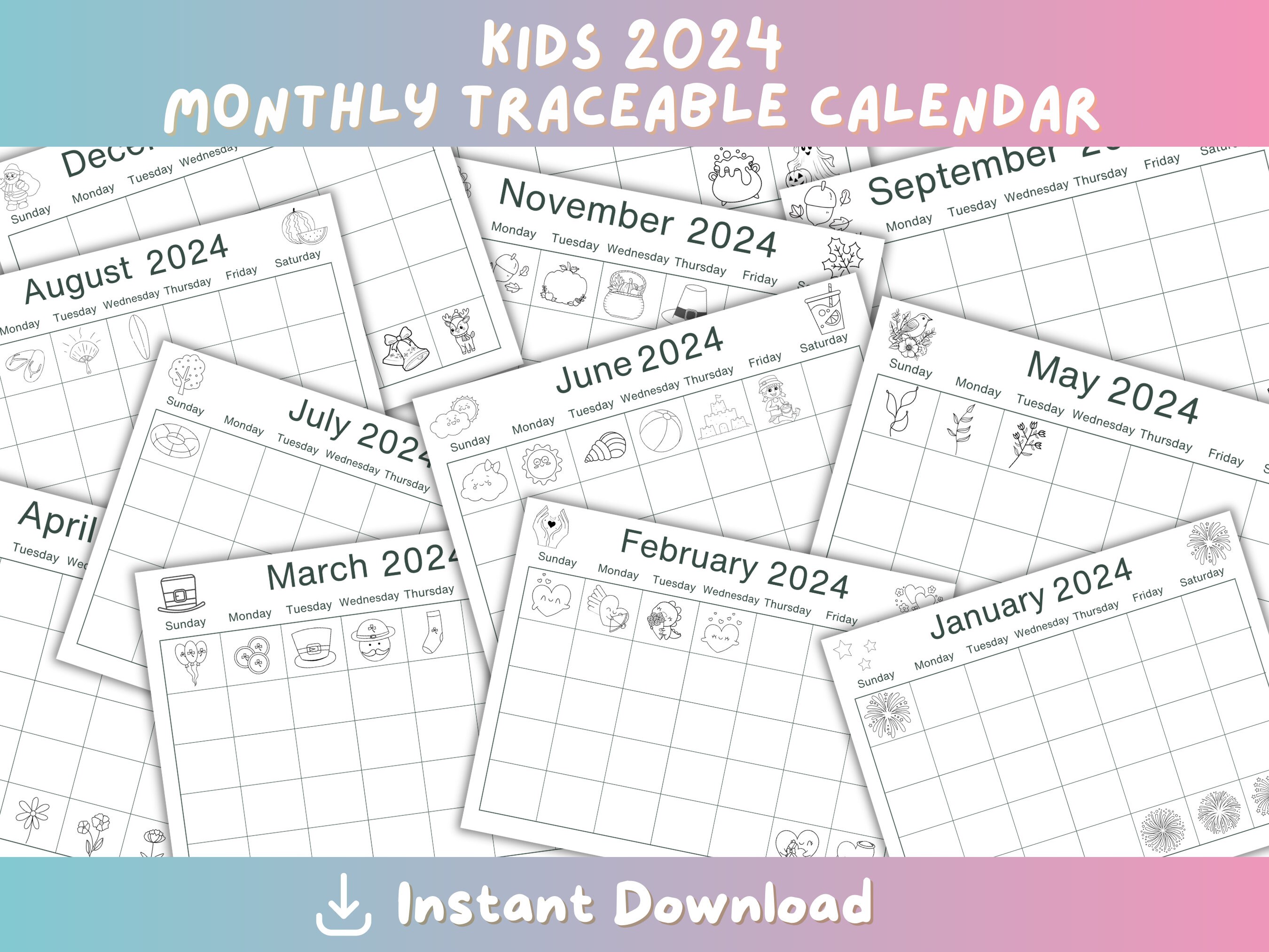 PRINTABLE 2024 Kids Traceable Calendar, Fun Interactive Monthly Calendar and Learning Tool ...