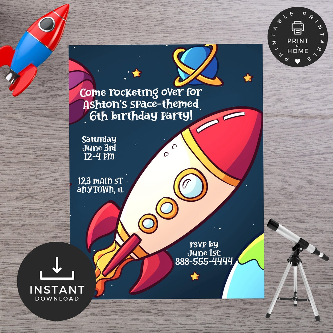Rocket Inviation Kids Space Rocket Birthday Invitation Corjl EDITABLE Template, Party ...