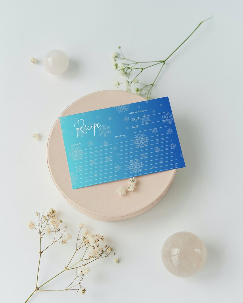 PRINTABLE Recipe Card, Blue Snowflake, PDF File 7X5 Inches, Culinary Keepsake, Gift for Foodies