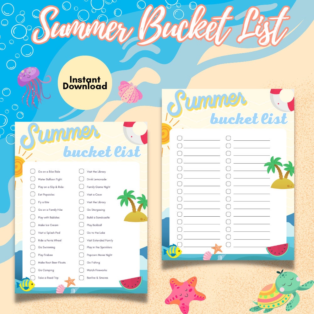 Summer Bucket List PRINTABLE PDF File 2 Pages One Blank One Etsy