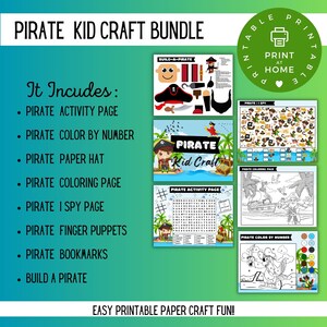 Pirate Kids Activity Set Bundle of 11 Pages Fun Printable Crafts for Kids, INSTANT DIGITAL Download PDF.