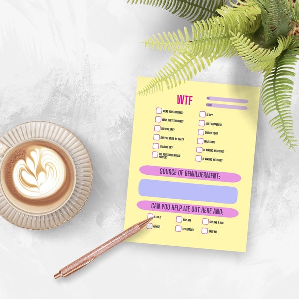 Neon WTF Note, PRINTABLE PDF, Instant Download, Snarky Note for the office, Witty note for at Home, Sassy Note for Behavior