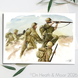 May include: A watercolor illustration depicting three soldiers in olive drab uniforms and helmets advancing across a field. One soldier aims a rifle, another holds a pistol, and the third carries a rifle while wearing a large backpack.